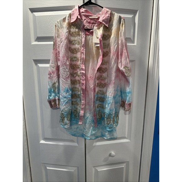 Soft Surroundings Gilded Paisley Tie-Dye Tunic‎ Top Button Up Sequin Sz Small P - Picture 1 of 6
